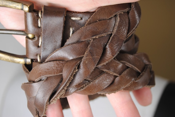 Western Braided Woven Brown Leather Belt Antiqued Brass Buckle Up to Size 30\