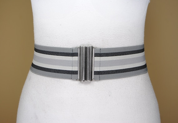 Wide Striped Stretch Belt for Women, Gray White Grey Elastic  display picture 3