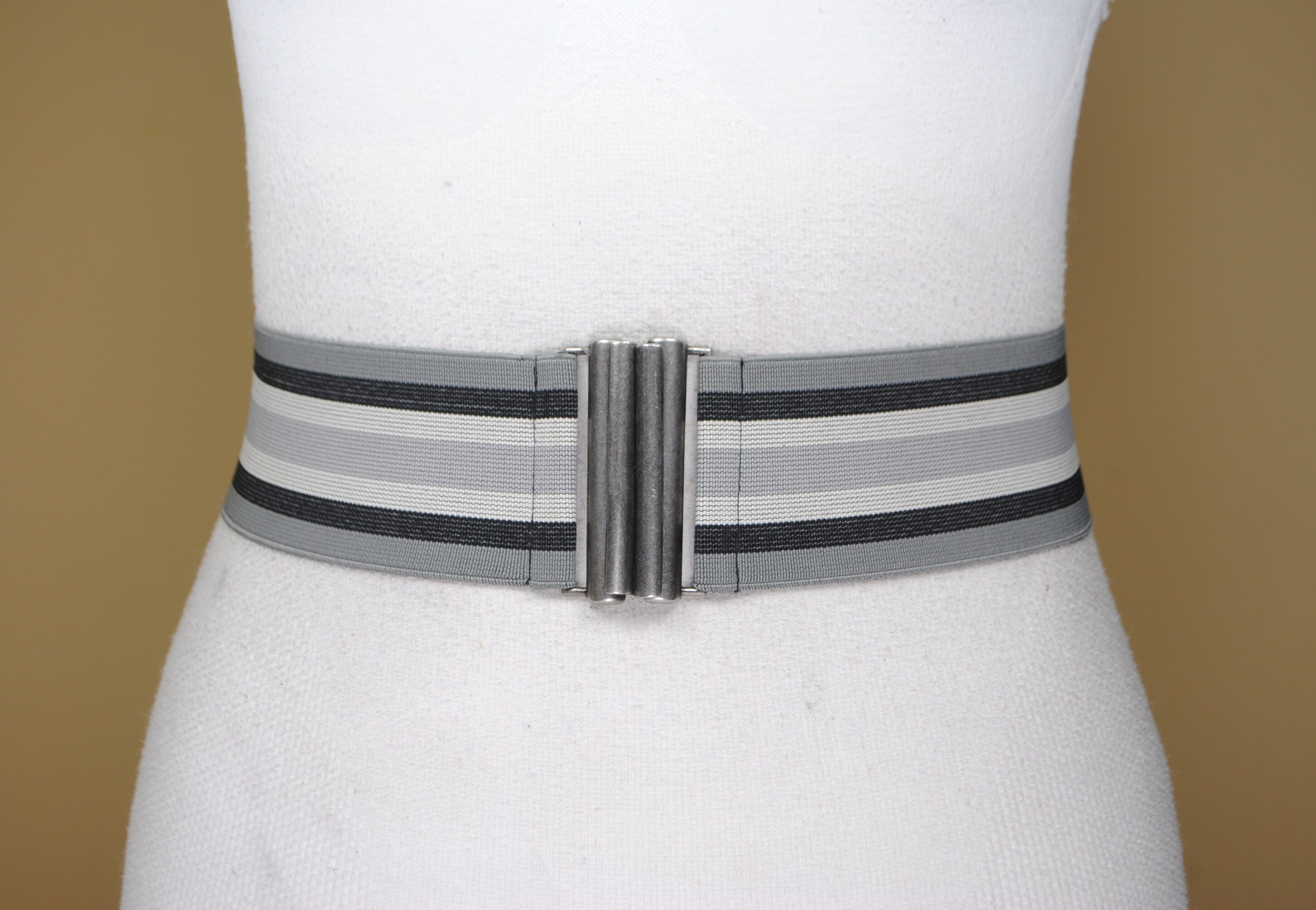 Wide Striped Stretch Belt for Women, Gray White Grey Elastic  display picture 1