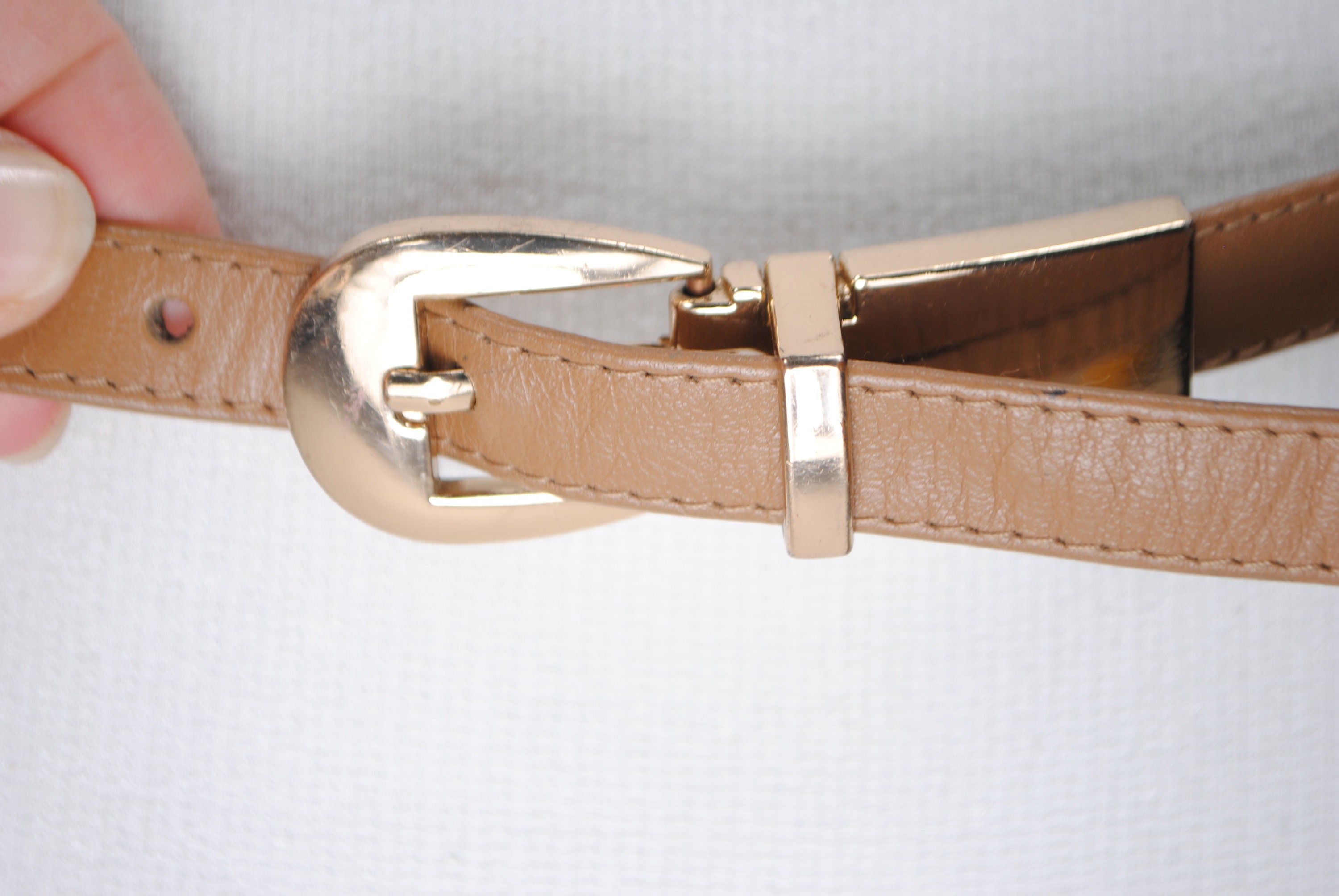 Vintage minimalist Mod Cream Leather Old money Matte gold buckle wide Belt 80 main image 2