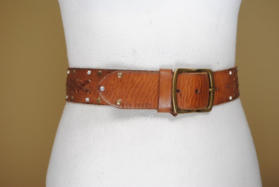 Tan Brown Braided Belt, Wide Embossed Leather bel… - image 5