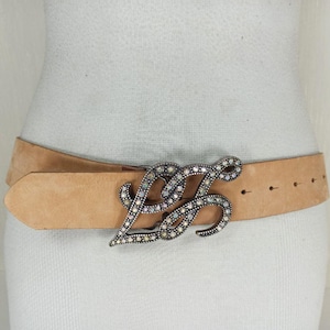 Cinturón vintage de los años 2000, cinturón de piel de ante beige LIU JO, para mujer, hebilla de diamantes de imitación, estilo Y2K, vintage, talla 31 32 33 34 35 36 37 38 39