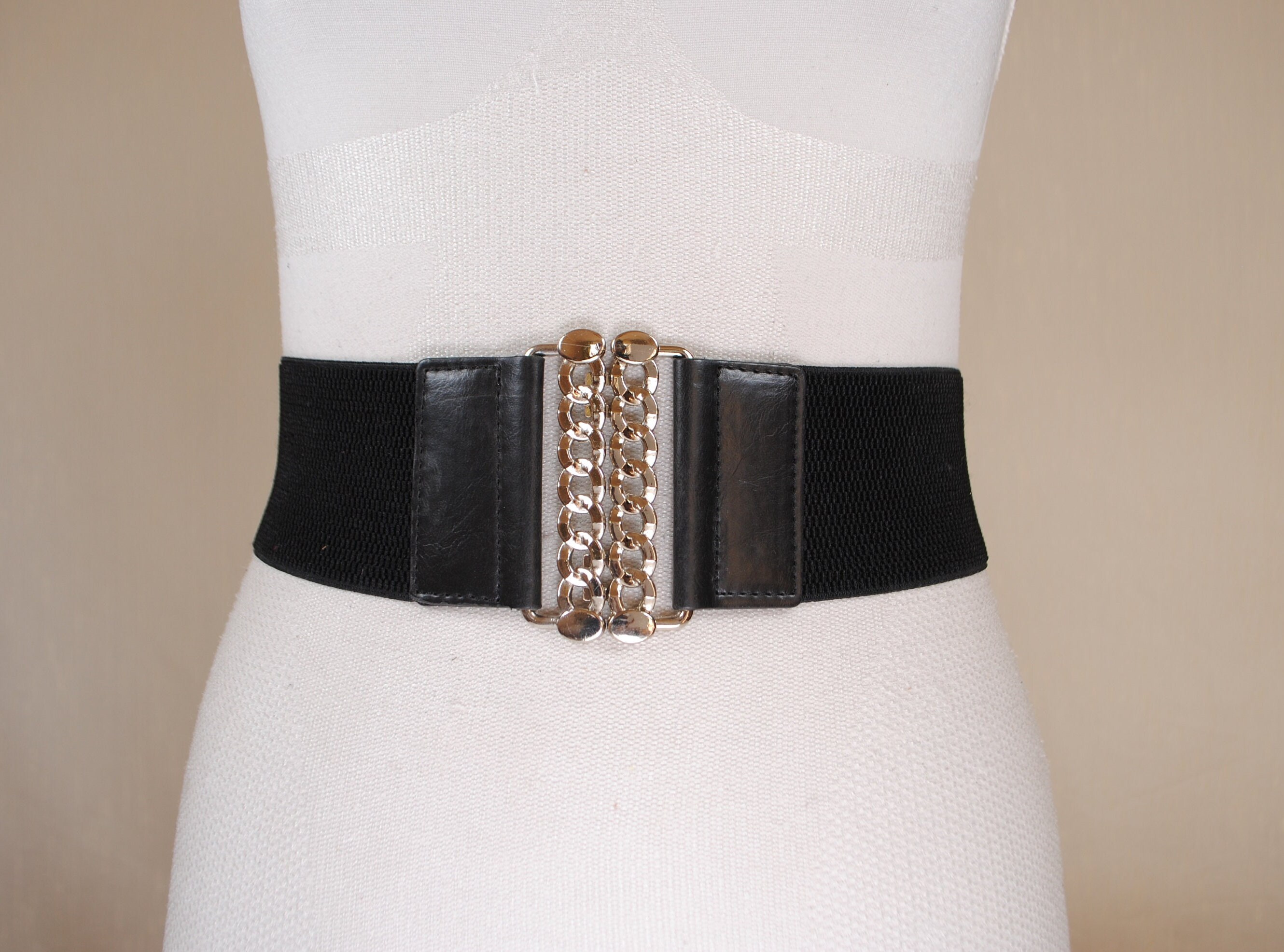 Silver Chain Buckle, Wide Hip Belt, Black Stretch Belt for 