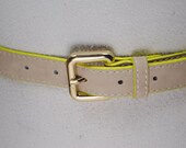 Skinny Beige Belt for Women, Gold Buckle, neon yellow green contrast trim belt