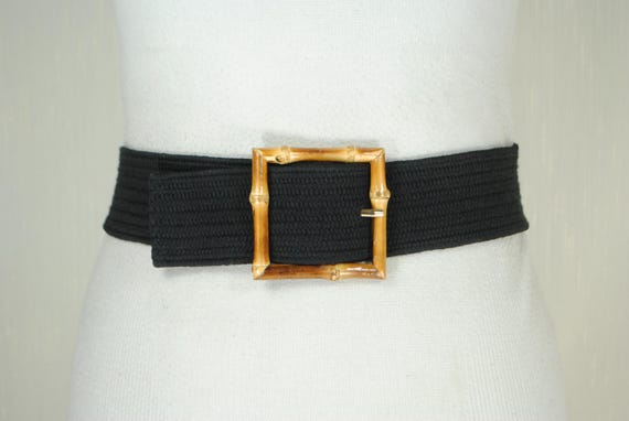 Square Bamboo Buckle, Wide Black Elastic Belt, Stretch Woven  display picture 2