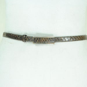 Op de afbeelding: Een smalle riem met een slangenprint in bruine en grijze tinten. De riem heeft een rechthoekige, zilverkleurige gesp en wordt getoond op een witte paspop. Een modieus accessoire voor diverse outfits.