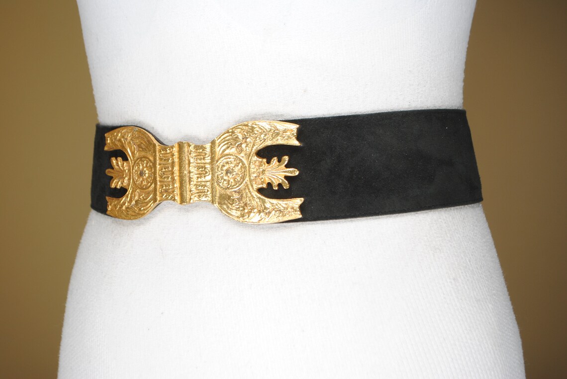 Black and Gold Suede Leather Belt for women with Gold | Etsy