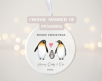 Personalised Family Christmas Tree Decoration | Family Keepsake Christmas Ornament | Personalised Penguin Family and name | Xmas Bauble