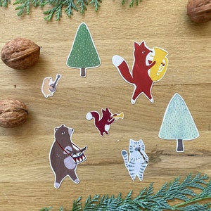 Ensemble d'autocollants, autocollants, musiciens, illustration, animaux, animaux de la forêt