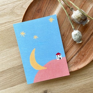 Maison de lune, carte lune, lune et étoiles, carte postale, A6