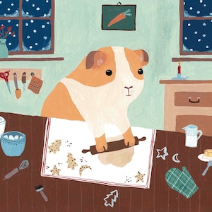 Weihnachtsbäckerei mit Meerschweinchen, Klappkarte mit Umschlag, A6, Illustration
