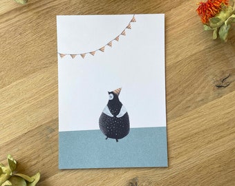 Carte postale avec anniversaire pingouin, A6, illustration, carte de vœux