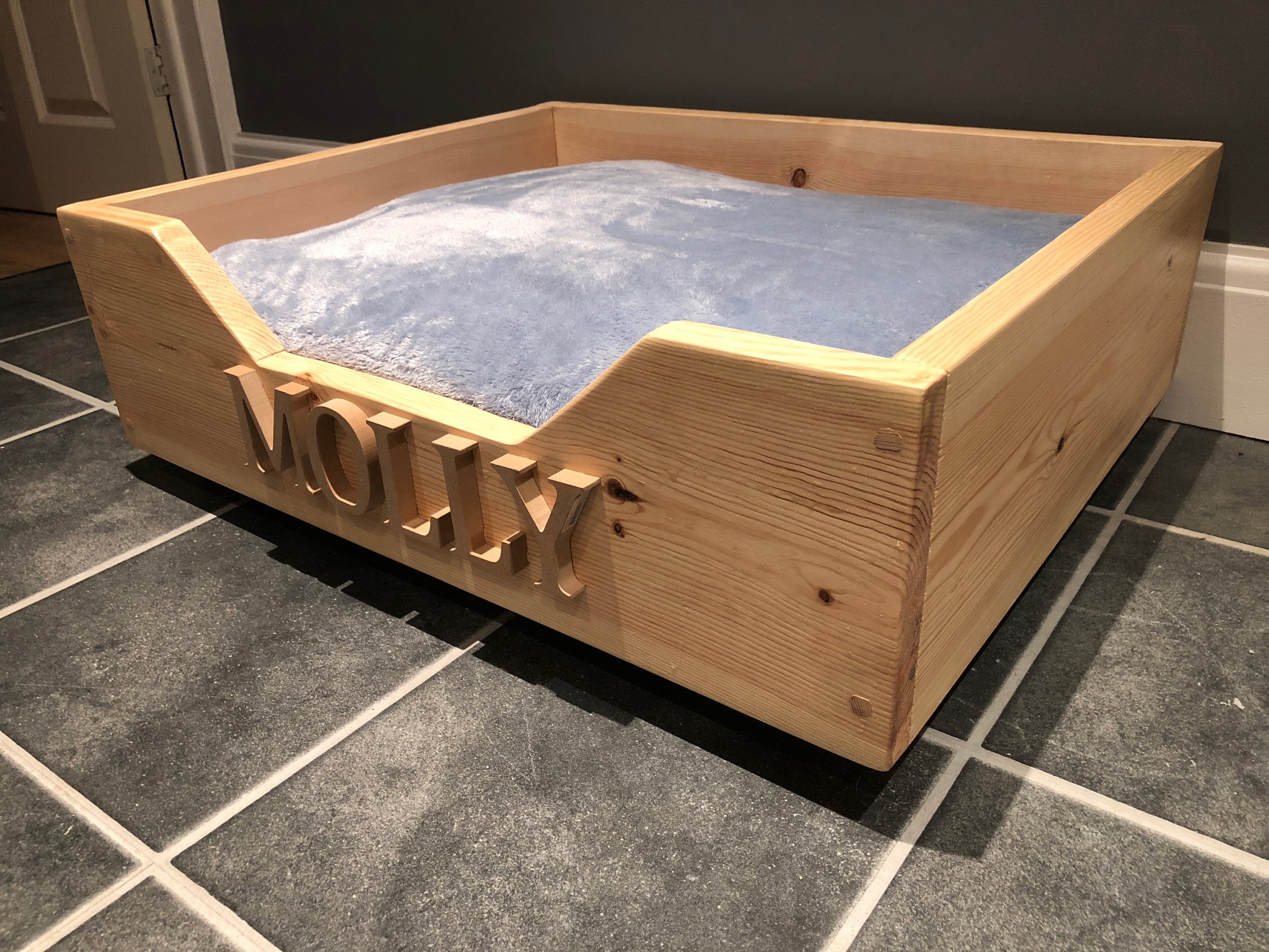 Handmade Solid Wooden Pet Beds can be personalised in three Etsy