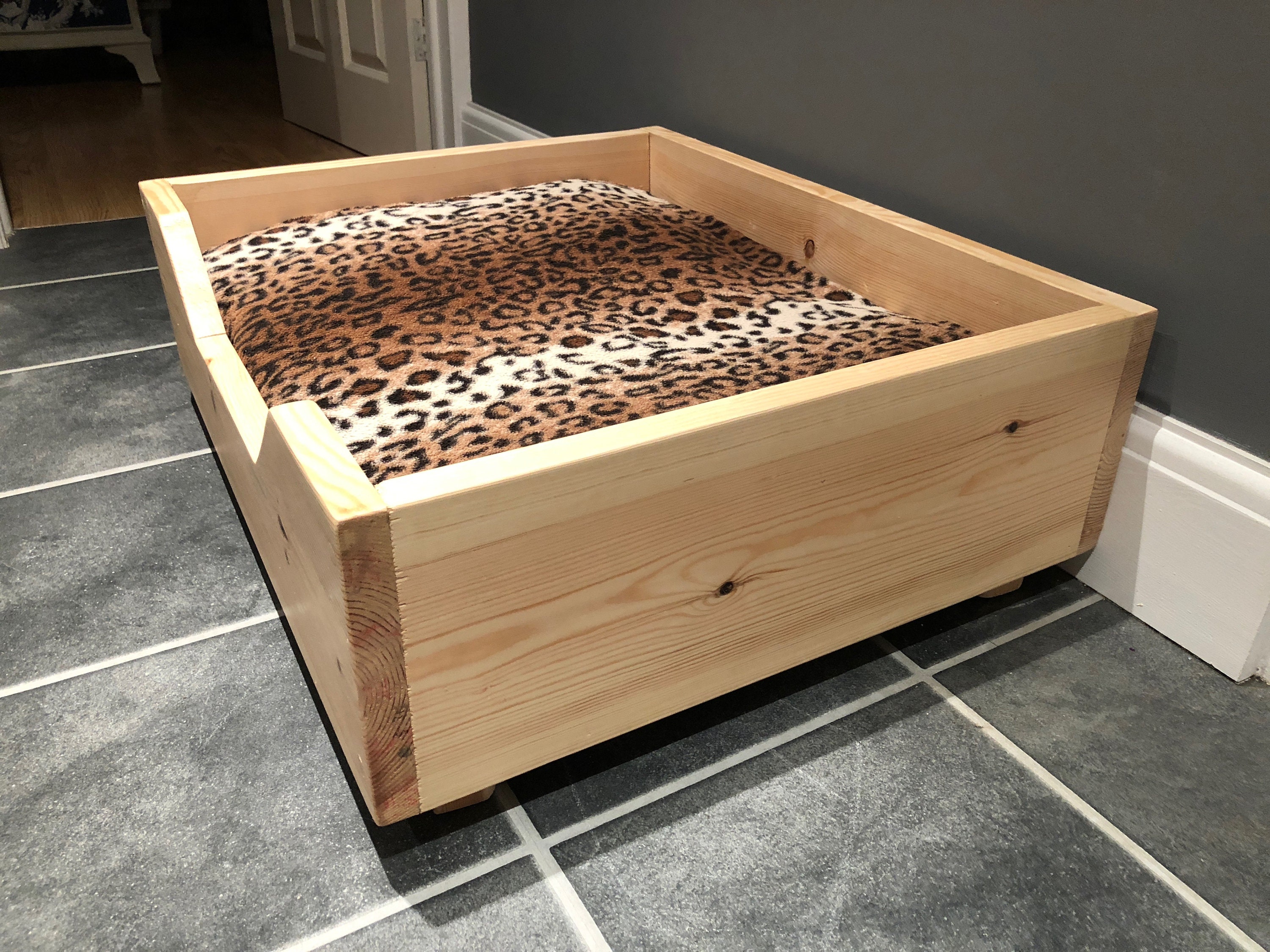 Handmade Solid Wooden Pet Beds can be personalised in three Etsy