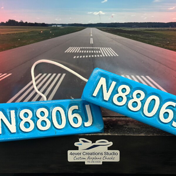 Custom Wheel Chocks for your airplane! Carve in N number, FBO, home base, hangar number or name. We also do logos and military theme chocks.