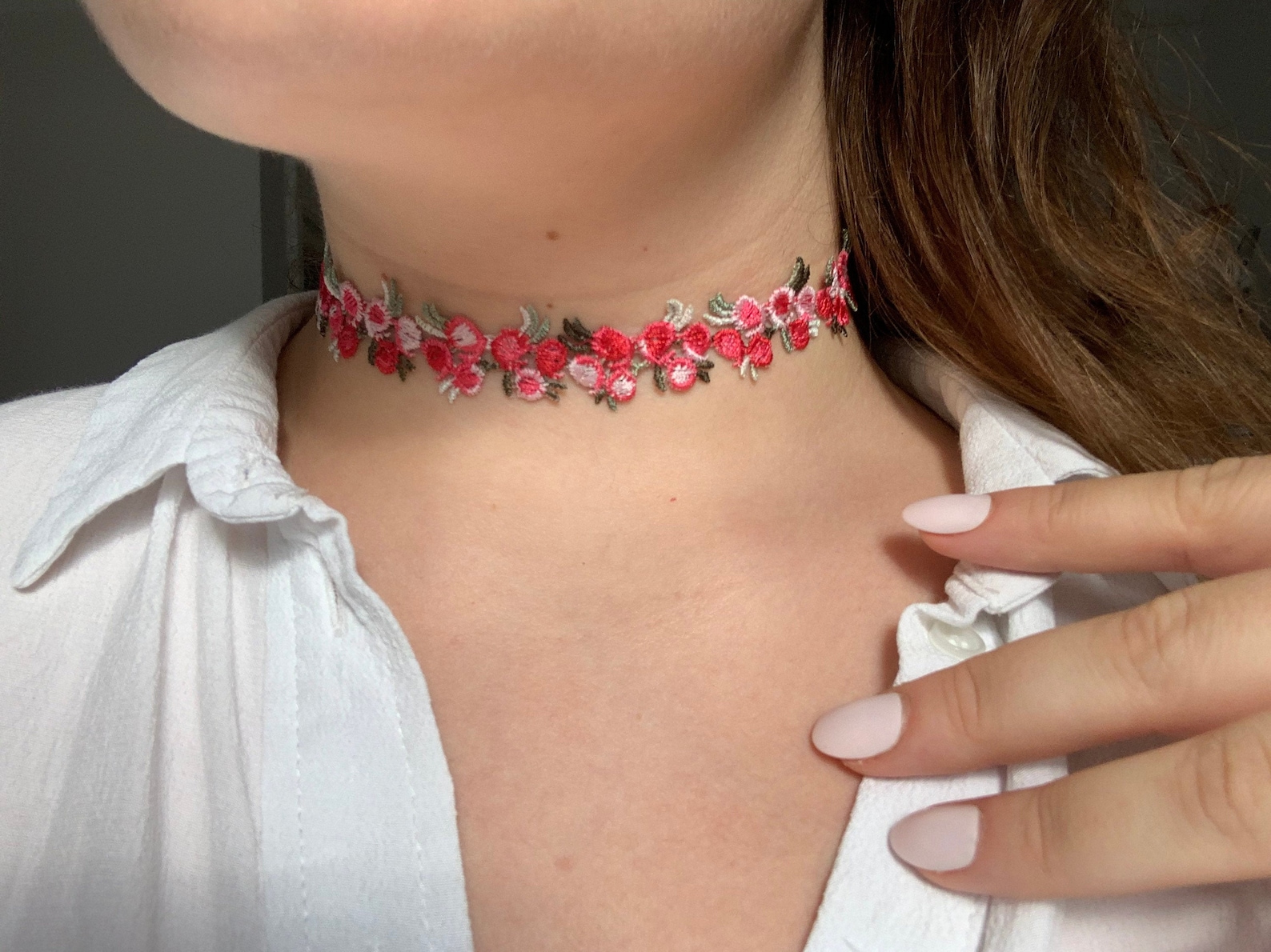 Flower Choker / Dark Pink Flower Choker / Embroidered Flower Etsy