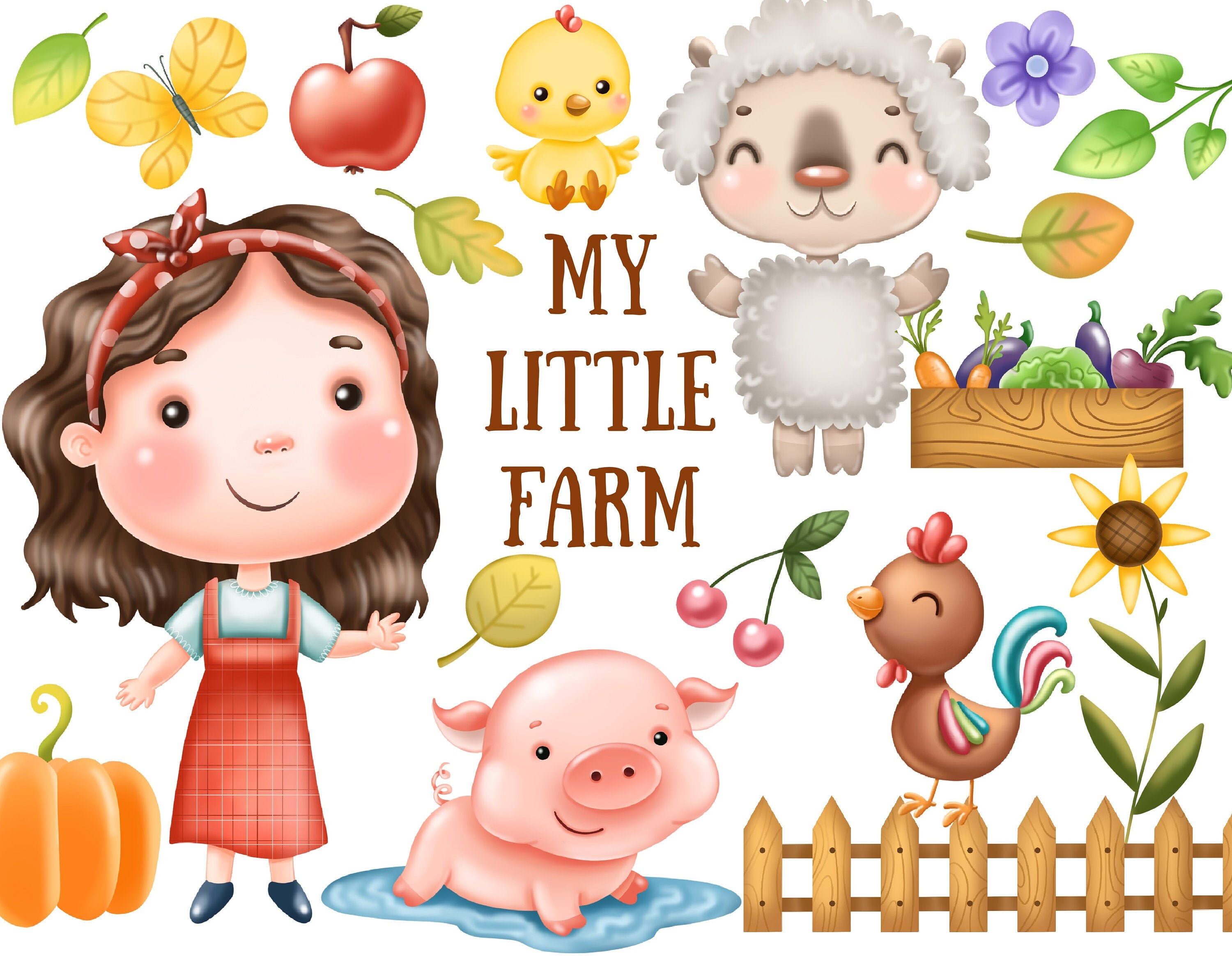 Cute farm clipart. Farm animals clipart. Farmer lamb cow | Etsy