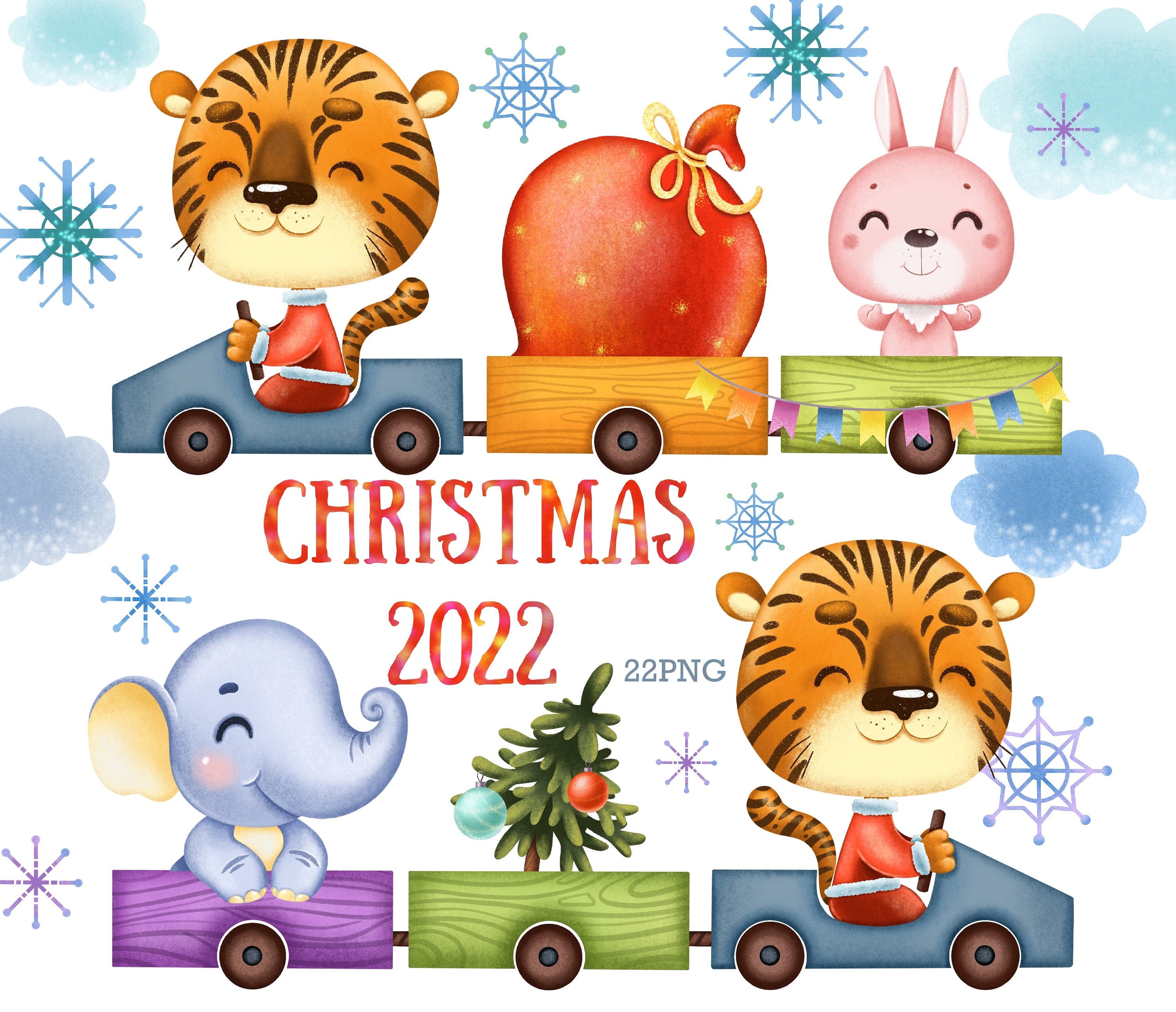 Christmas 2022 Clipart Christmas 2022 Clipart. Tiger Clipart. Cute Christmas Animals | Etsy