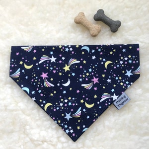 Slide on Dog Bandana “Shooting Star” navy blue and multi coloured shooting star pattern fabric 5 sizes XS - XL