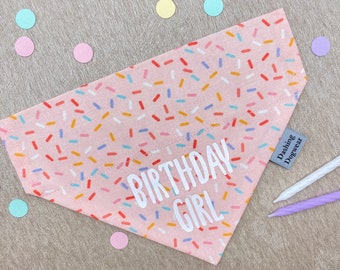 Dog Birthday Bandana | Slide on Dog Bandana | Birthday Girl | Pink Confetti Fabric | 5 sizes XS - XL