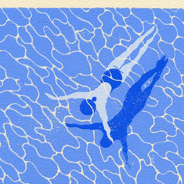 Swimming, linocut print