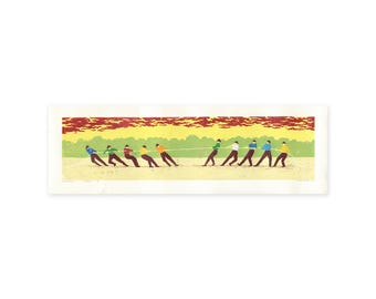 Touwtrekkers - original linocut print - panorama