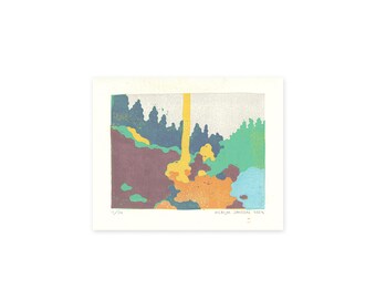 Landscape with yellow tree - original linocut print