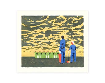 Two passengers - linocut print