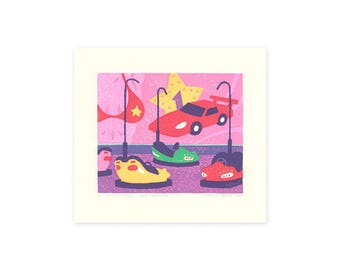 De Botsautootjes - linocut print