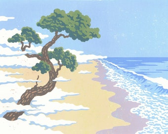 Tree & sea - original linocut print