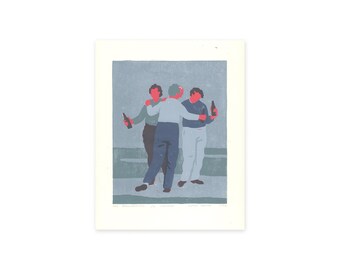 Drie Drinkebroeders - original linocut print