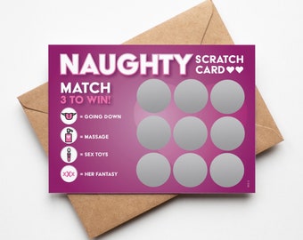 Pode incluir: Um cartão raspadinha magenta com a palavra "NAUGHTY" em letras brancas. O cartão tem nove círculos cinzentos para raspar e o texto "MATCH 3 TO WIN!". Ícones e texto indicam potenciais prémios como "GOING DOWN" e "MASSAGE".