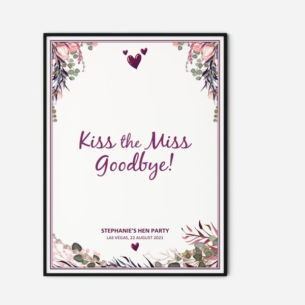 Kiss the Miss Goodbye | Digital Editable PDF Download | Personalised Poster | Perfect for Hen Parties | Great Way to Remember Your Hen Party