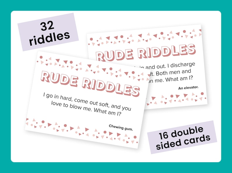 May include: A set of 16 double-sided cards with 32 rude riddles. The cards are white with pink and white polka dots and the text "Rude Riddles" in pink. The riddles are printed on the cards in black text.