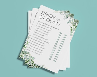 May include: A pile of white wedding game cards with the text "BRIDE OR GROOM?" and a list of questions. The cards are decorated with green floral accents and lip and mustache graphics. The background is a light teal colour.