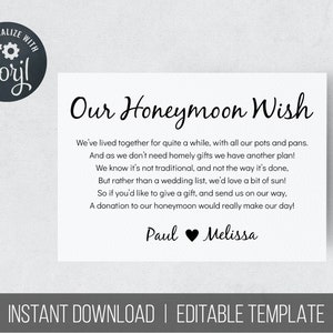 Honeymoon Wish Card, Personalised Money Poem, Editable Downloadable Honeymoon Insert, Wedding Honeymoon Wish Gift Cards