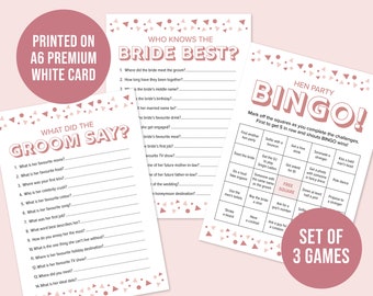 Hen Party Games Bundle: Bingo, Bride & Groom Quiz (Set of Three)