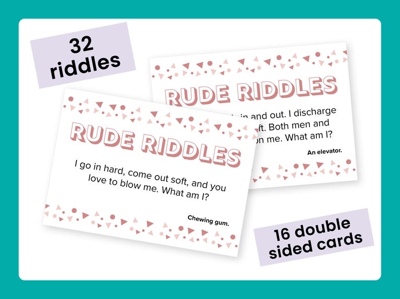 May include: A set of 16 double-sided cards with 32 rude riddles. The cards are white with pink and white polka dots and the text "Rude Riddles" in a pink font. The riddles are printed on the cards with the answers on the back.