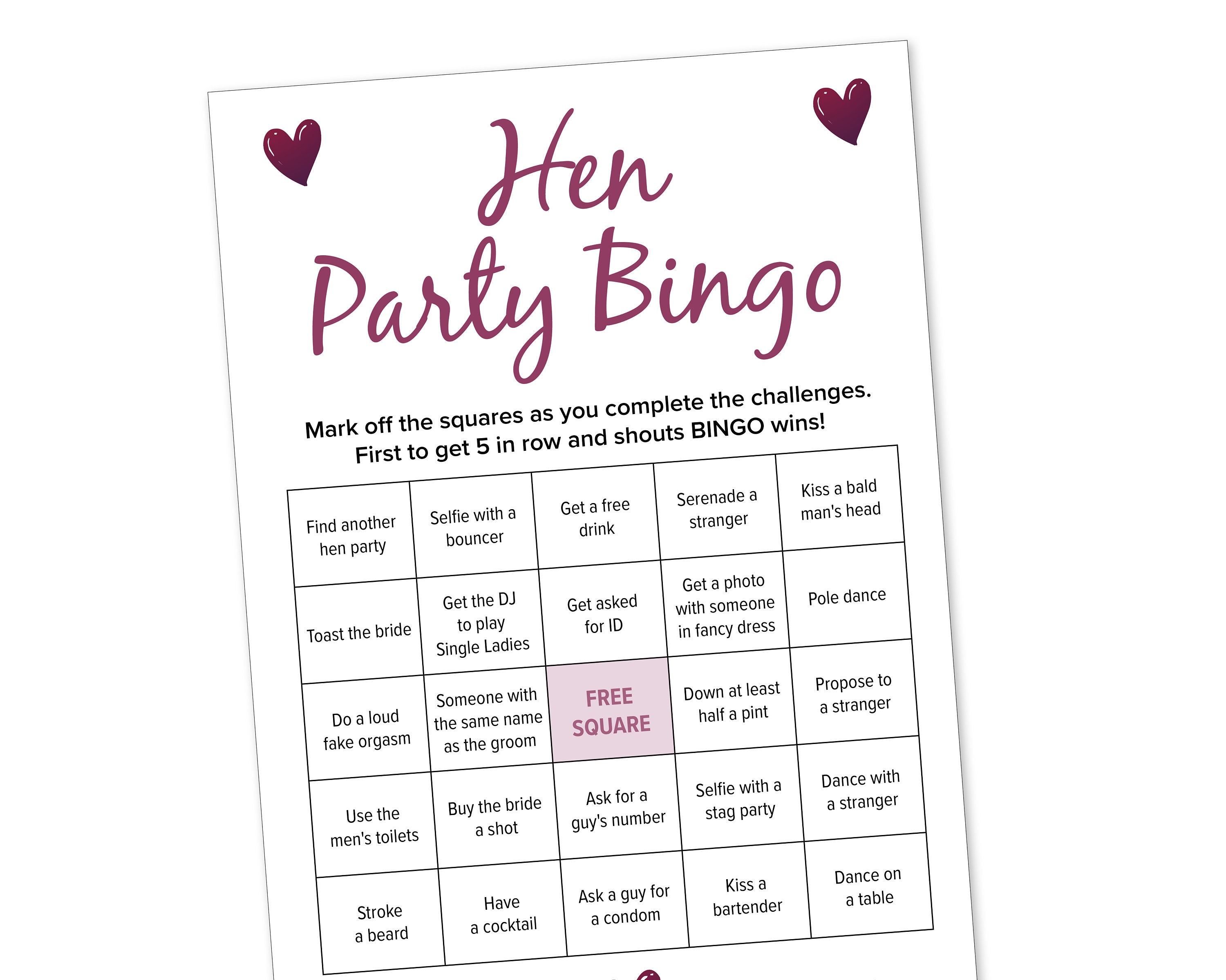 Hen Party Game Bingo Game Fun Hen Night Weekend Game Bridal Etsy UK