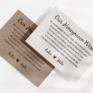 Personalised Wedding Honeymoon Poem, Money Wish Gift Cards, on White Linen or Kraft Card