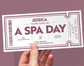 Personalised Spa Day Gift Voucher | Custom Birthday Gift Card | Printed Spa Experience Ticket For Her
