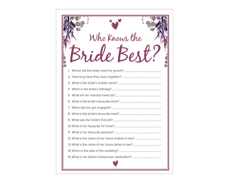 Hen Party Games | Who Knows Bride Best Game Cards | Floral Hen Party ...
