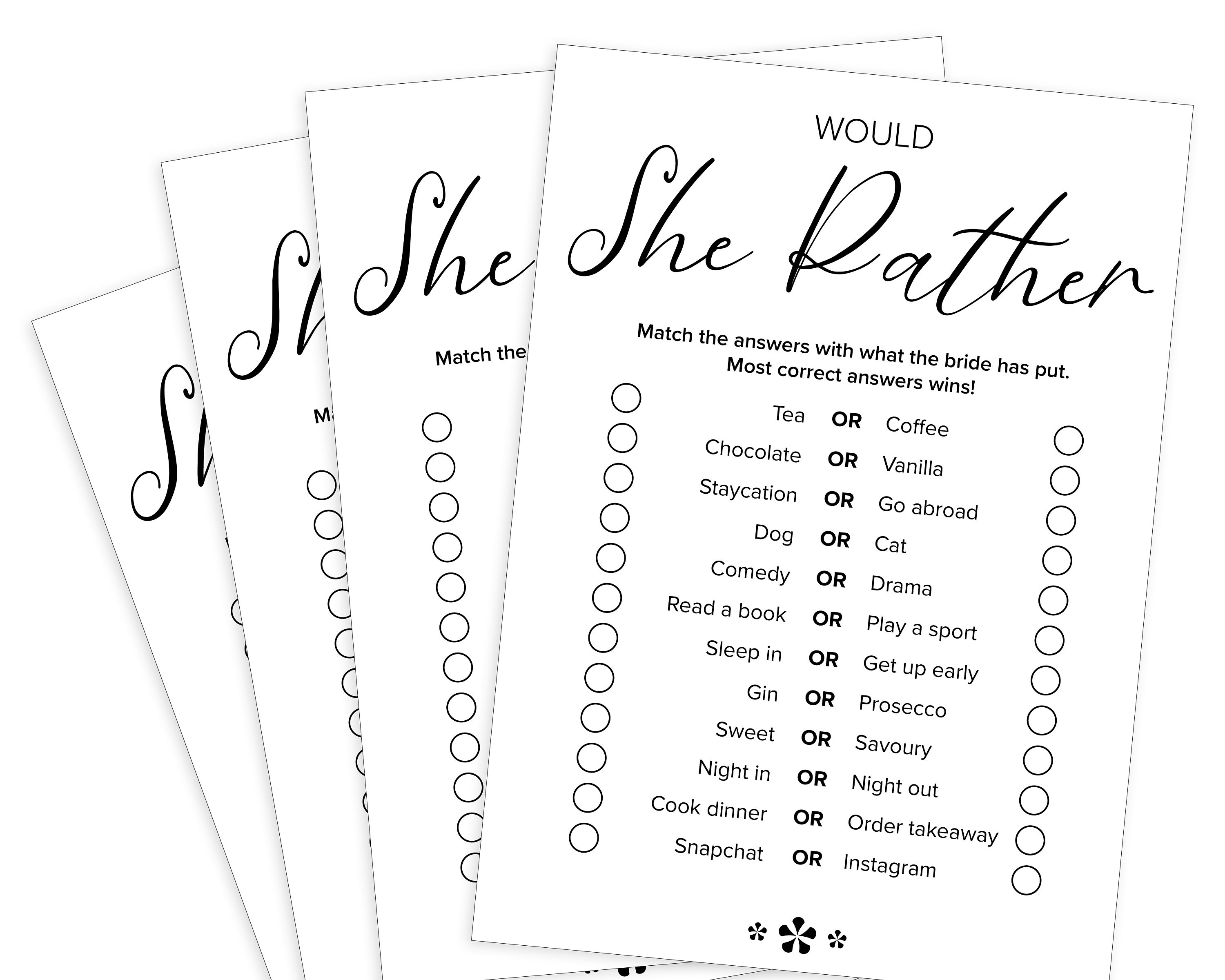 Hen Party Game Would She Rather Bridal Shower Games Bride Etsy UK