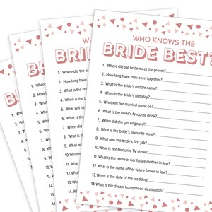 May include: Several sheets of paper with the text "WHO KNOWS THE BRIDE BEST?" in a pink and white design. The sheets are for a bridal shower game, with questions about the bride. The background has pink confetti.