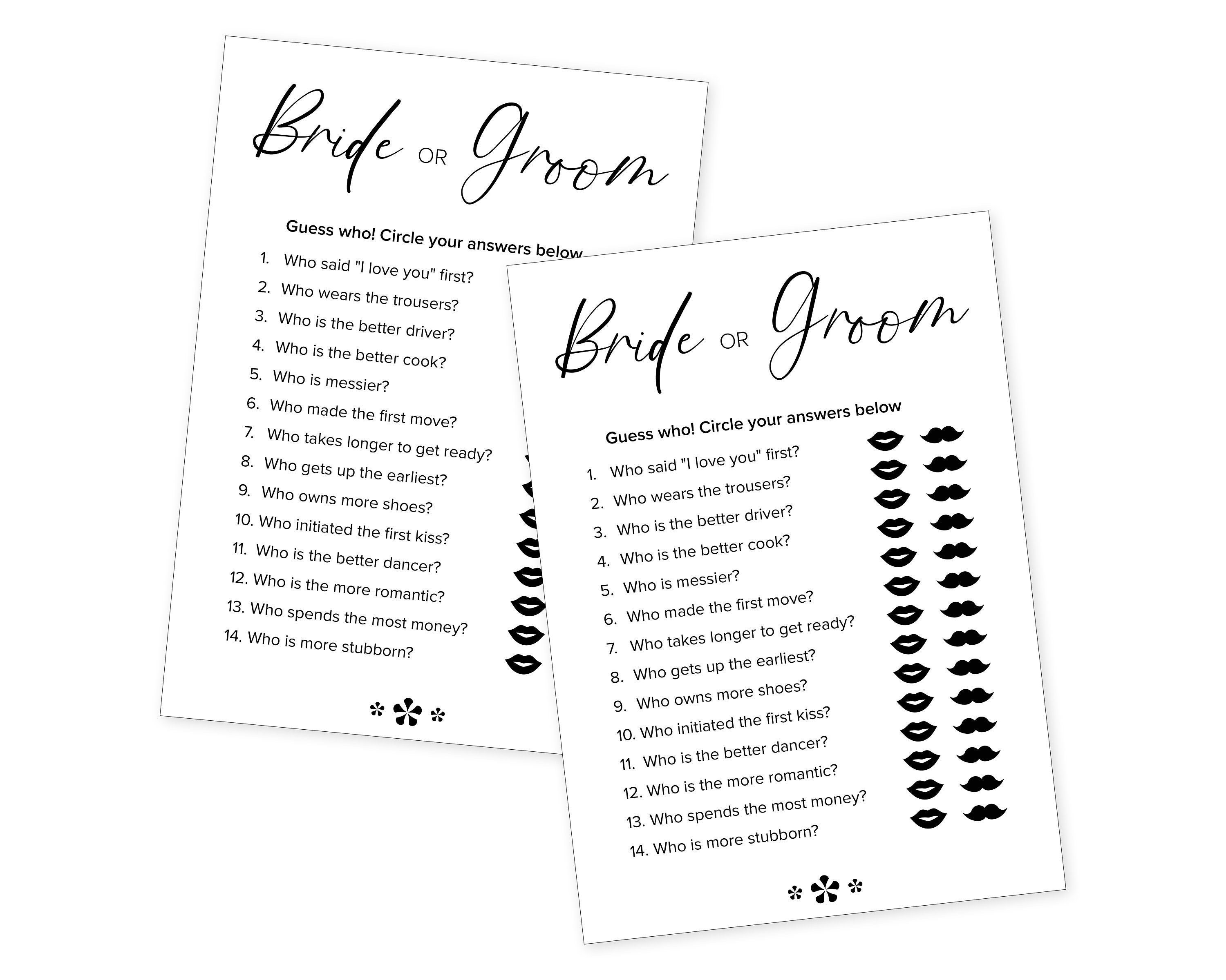 Hen Party Game Bride or Groom Mr and Mrs Game Bridal Shower Etsy UK