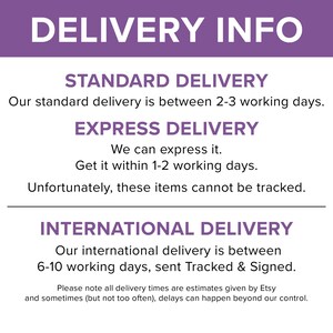 May include: A graphic with the text "DELIVERY INFO" in white on a purple background. The text details standard, express, and international delivery options, including estimated delivery times and tracking information.