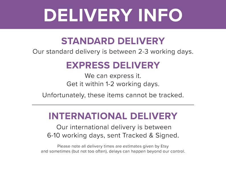 May include: A graphic with the text "DELIVERY INFO" in white on a purple background. The text details standard, express, and international delivery options, including estimated delivery times and tracking information.