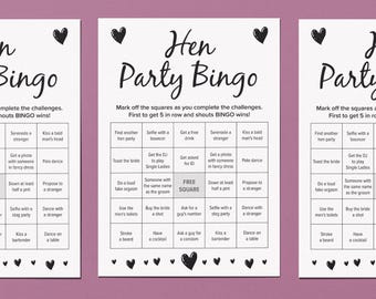 Hen Party Bingo Game | Hen Party Games | Funny Printed Game Cards for Bridal Shower
