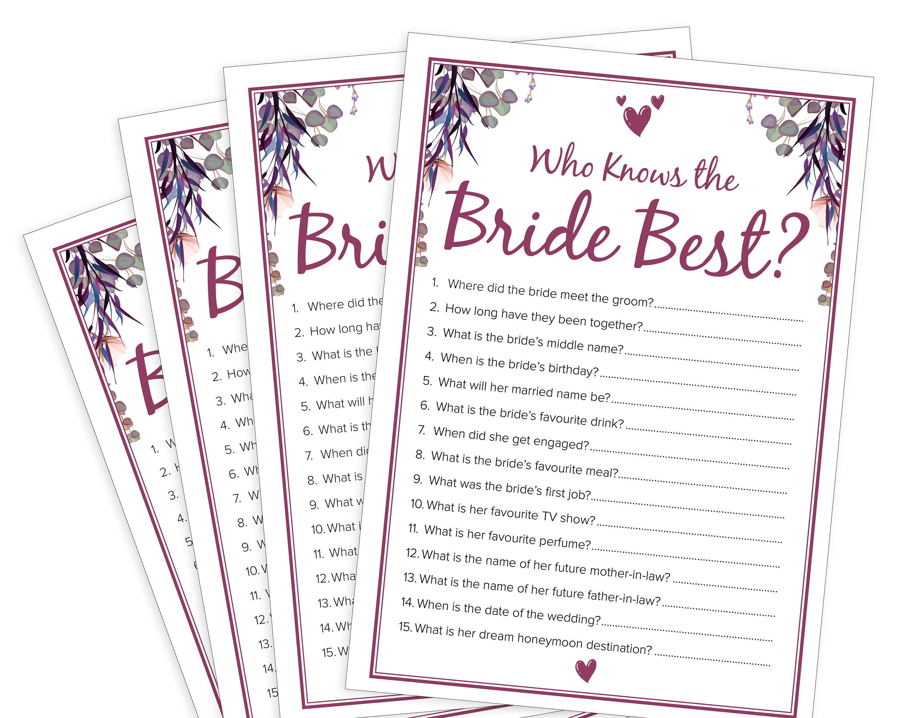 Hen Party Games | Who Knows Bride Best Game Cards | Floral Hen Party ...