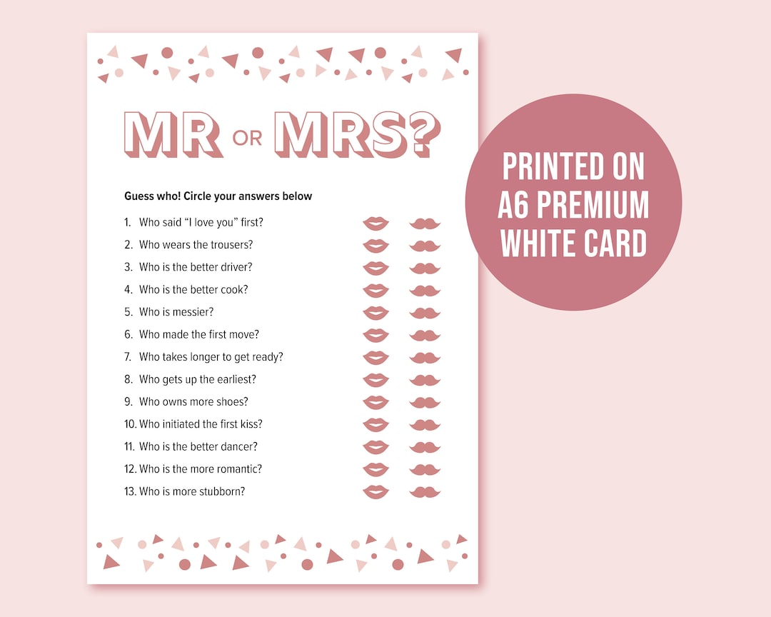 Mr and Mrs Game, Bride or Groom, Hen Party Game, Bridal Shower Games ...